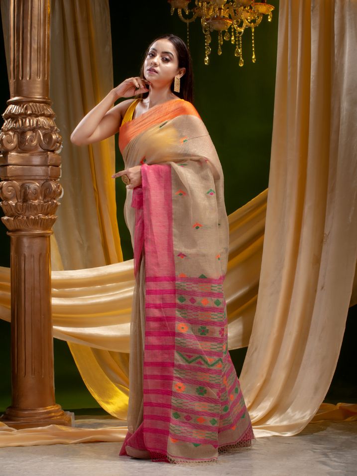 Pure Linen Hand Woven Dhakai Pattern Saree