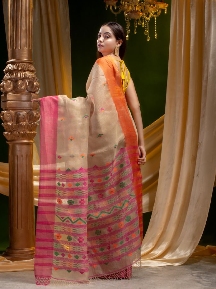 Pure Linen Hand Woven Dhakai Pattern Saree