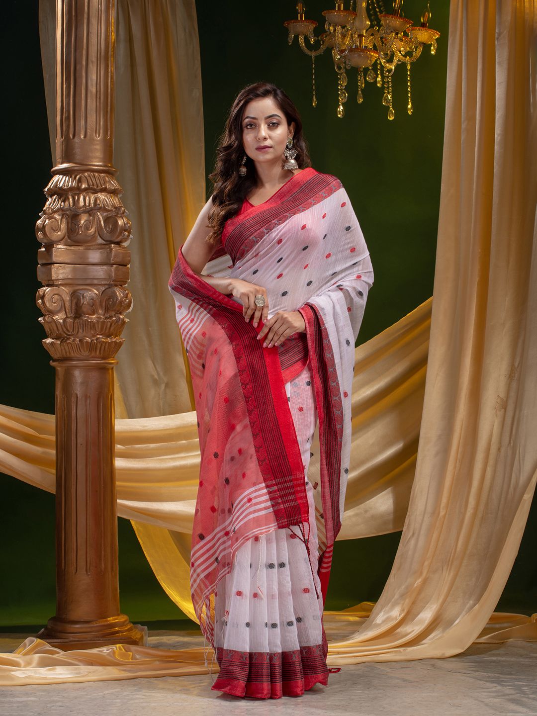 SILK AND COTTON HAND WOVEN POLKA DOT SAREE