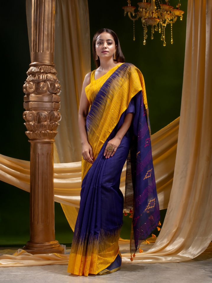 SILK COTTON TYE AND DYE HAND WOVEN SAREE WITH SEQUIN WORK