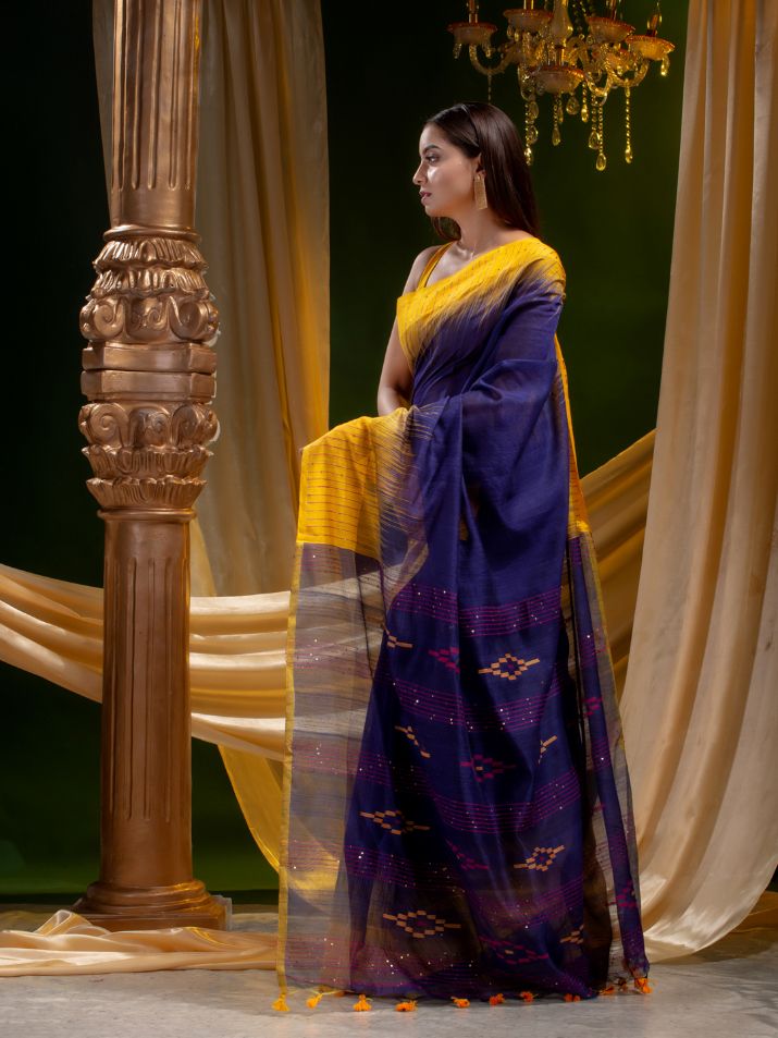 SILK COTTON TYE AND DYE HAND WOVEN SAREE WITH SEQUIN WORK