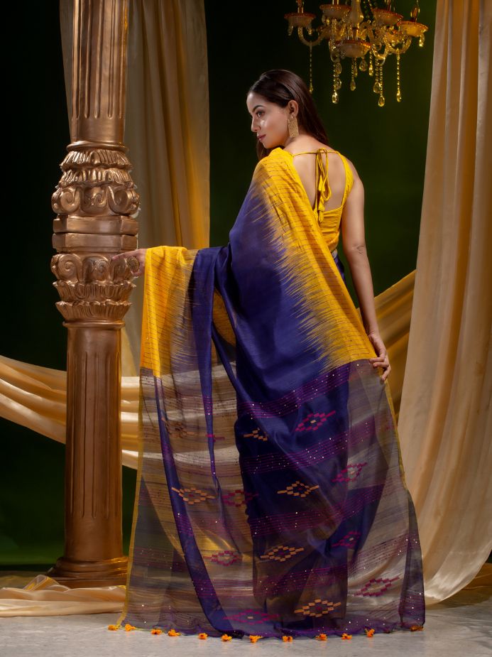 SILK COTTON TYE AND DYE HAND WOVEN SAREE WITH SEQUIN WORK