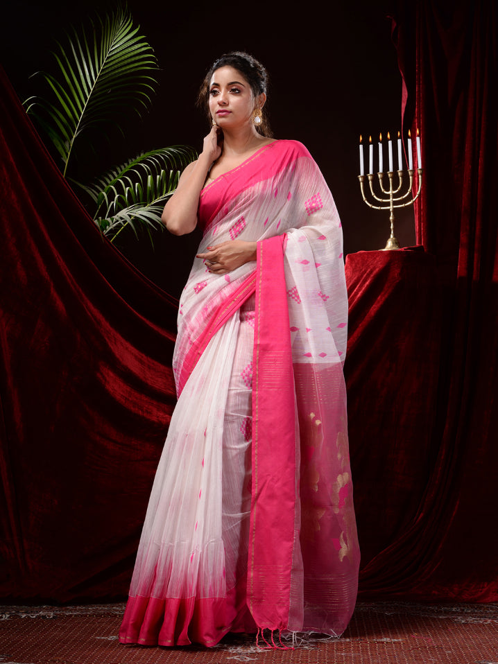 White and Pink Silk Cotton Handloom Saree