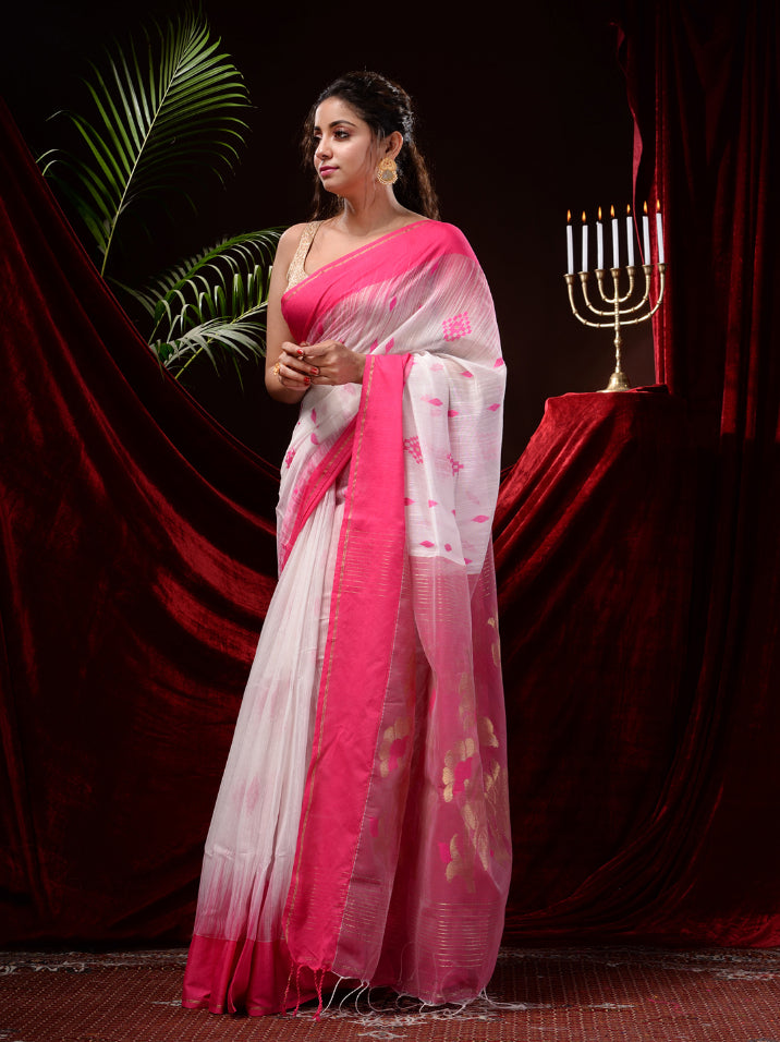 White and Pink Silk Cotton Handloom Saree