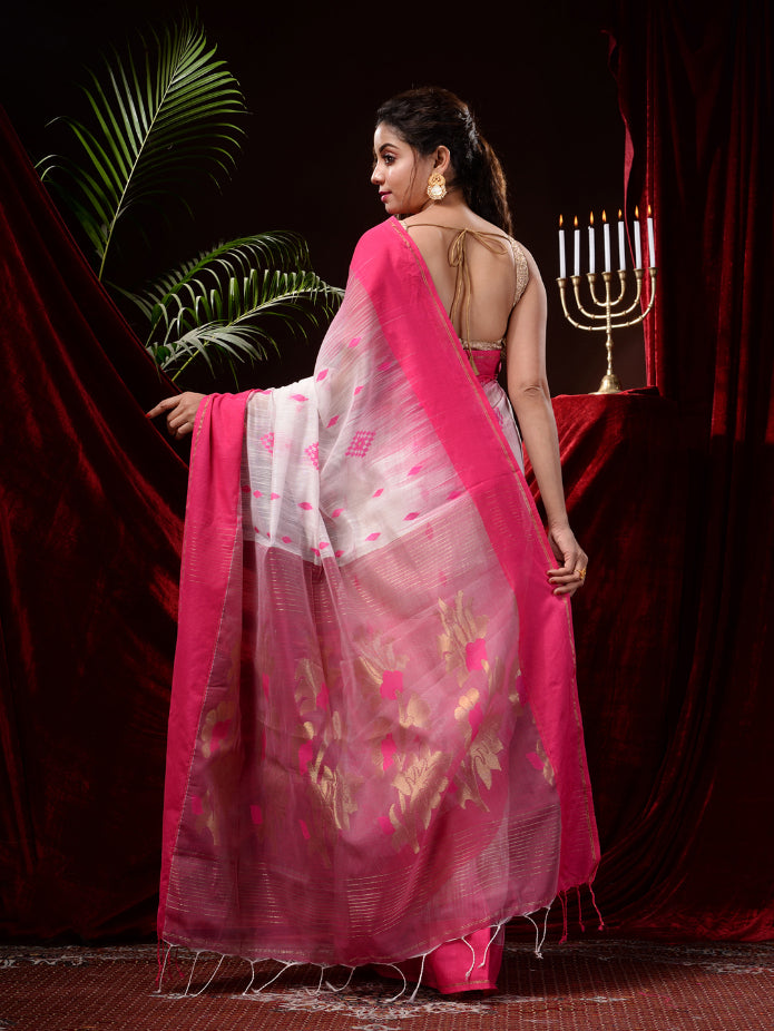 White and Pink Silk Cotton Handloom Saree