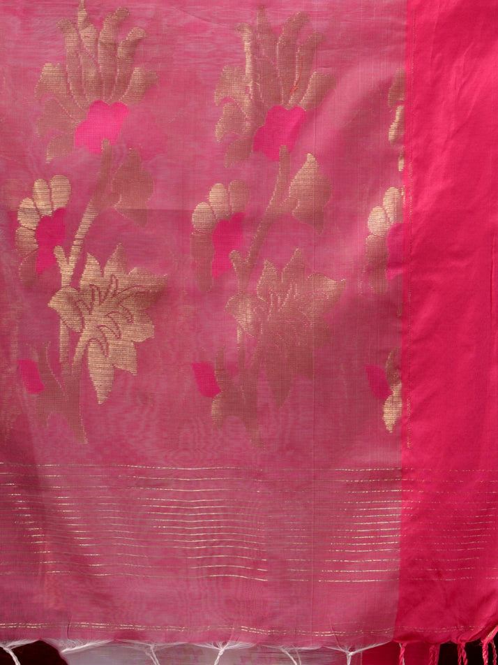 White and Pink Silk Cotton Handloom Saree