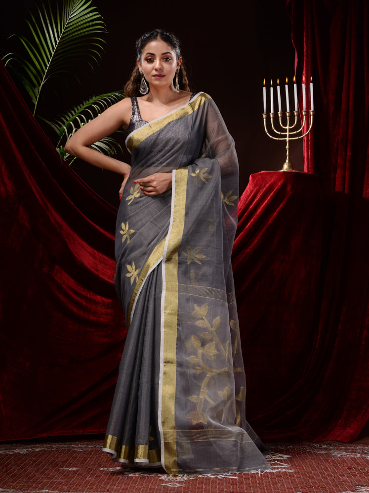 Grey Silk Cotton Jamdani Work handloom Saree