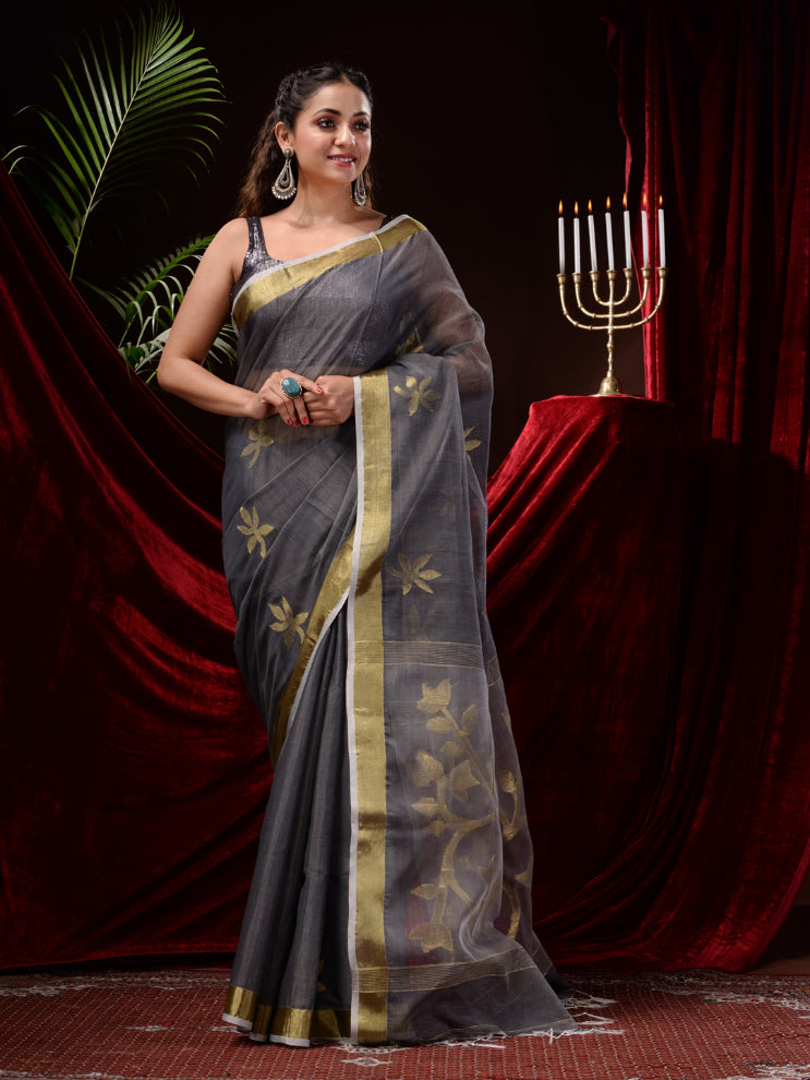 Grey Silk Cotton Jamdani Work handloom Saree