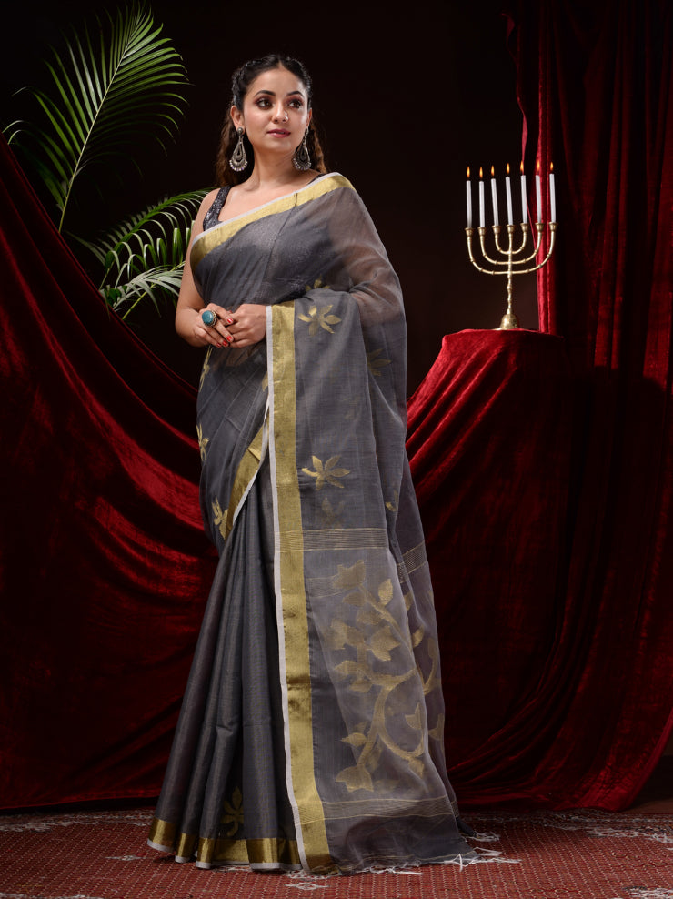 Grey Silk Cotton Jamdani Work handloom Saree