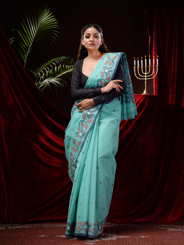 Sky Blue Pure Cotton Handwoven Jamdani Work Handwoven Saree