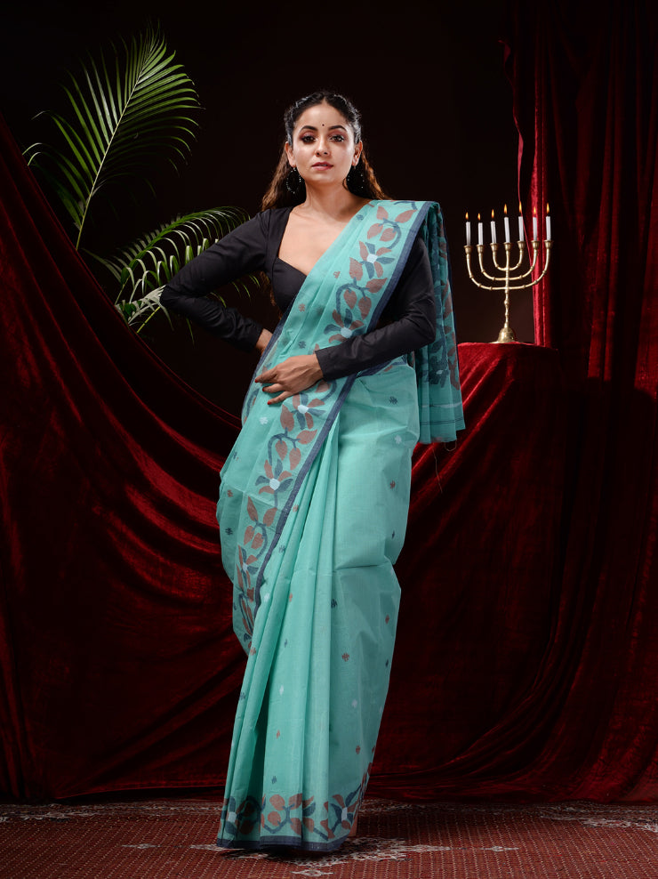 Sky Blue Pure Cotton Handwoven Jamdani Work Handwoven Saree