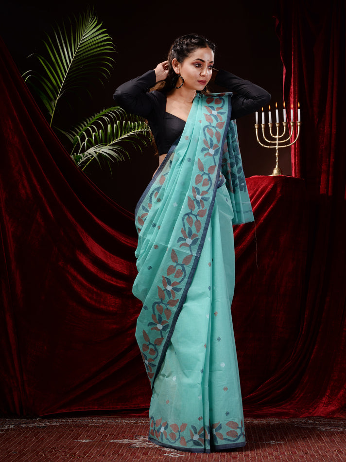 Sky Blue Pure Cotton Handwoven Jamdani Work Handwoven Saree