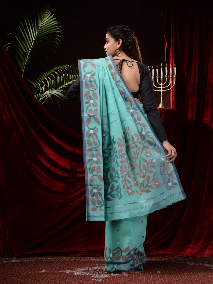 Sky Blue Pure Cotton Handwoven Jamdani Work Handwoven Saree