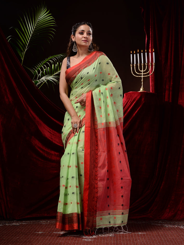 Lime Green  Blended Cotton Polka dot Handloom Saree