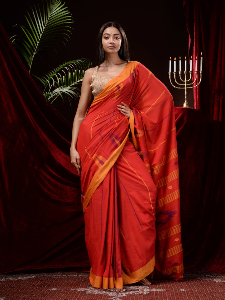 Red Pure Cotton Hand Woven Jamdani work Handloom Saree