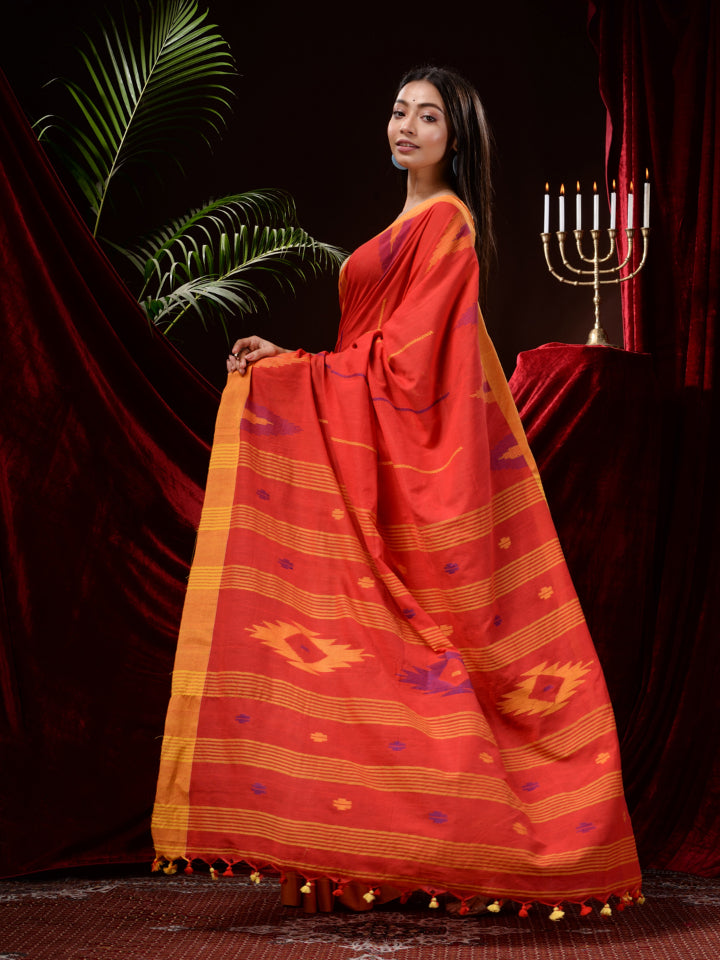 Red Pure Cotton Hand Woven Jamdani work Handloom Saree