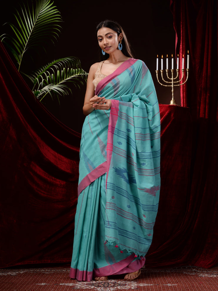 Sky Blue Pure Cotton Hand Woven Jamdani work Handloom Saree