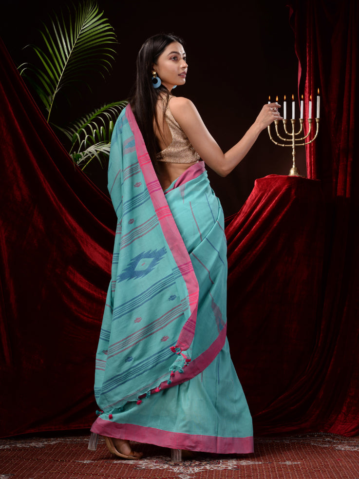 Sky Blue Pure Cotton Hand Woven Jamdani work Handloom Saree