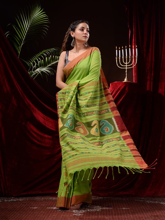 Green Pure Cotton Hand Woven Jamdani work Handloom Saree