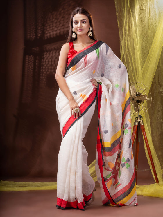 Pure Linen Bengal Handloom Jamdani Work Saree