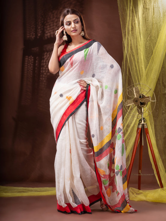 Pure Linen Bengal Handloom Jamdani Work Saree