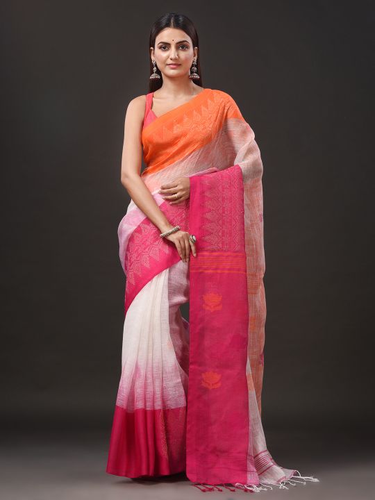 Pure Linen Handwoven Jamdani Work Saree