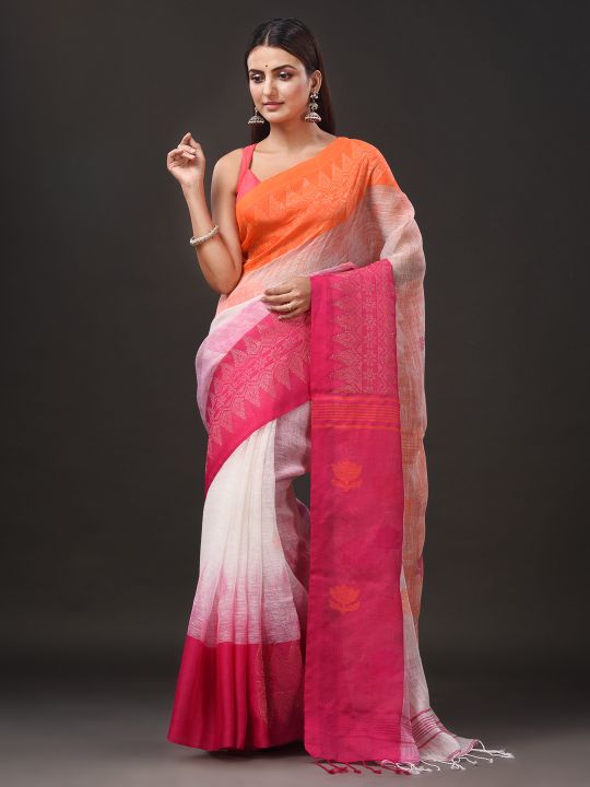 Pure Linen Handwoven Jamdani Work Saree