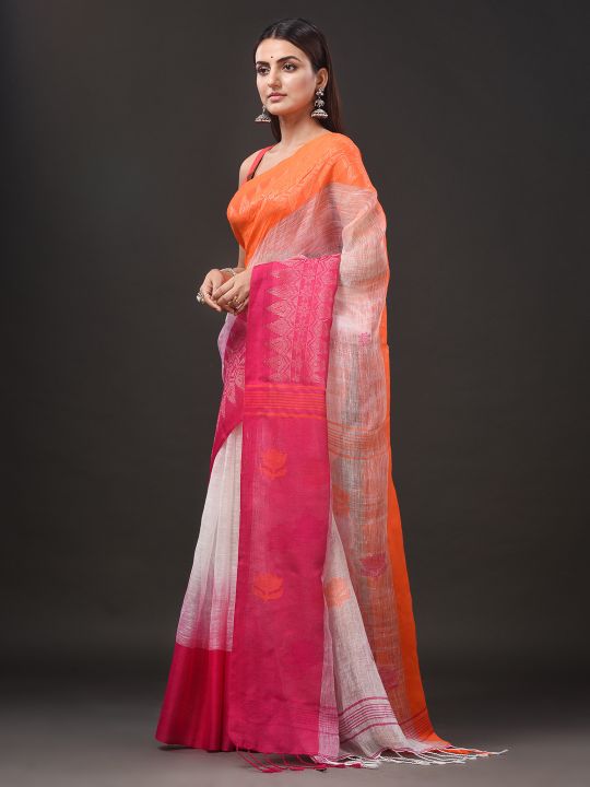 Pure Linen Handwoven Jamdani Work Saree