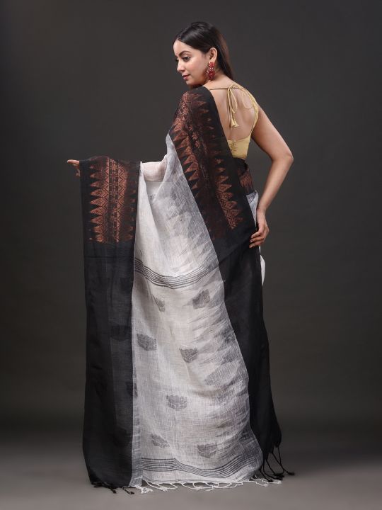 Pure Linen Handwoven Jamdani Work Saree