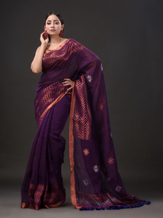 Pure Linen Handwoven Zari Work Saree