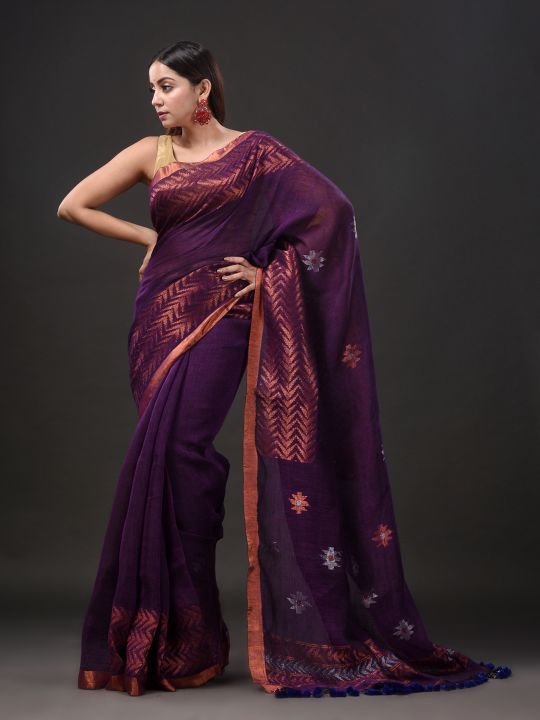 Pure Linen Handwoven Zari Work Saree