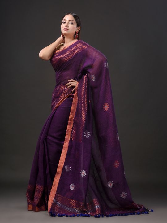 Pure Linen Handwoven Zari Work Saree