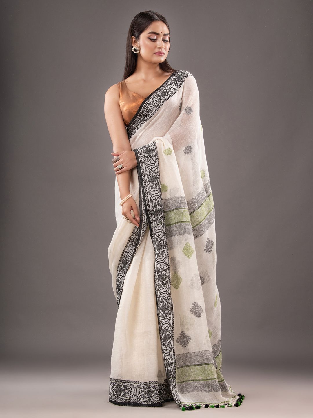 Pure Linen Hand Woven Saree with Zari work