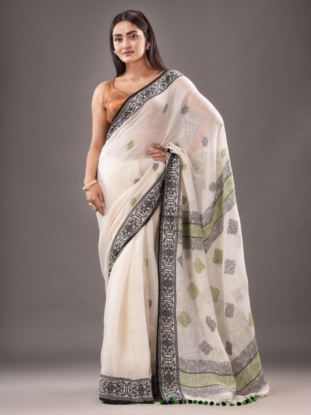 Pure Linen Hand Woven Saree with Zari work