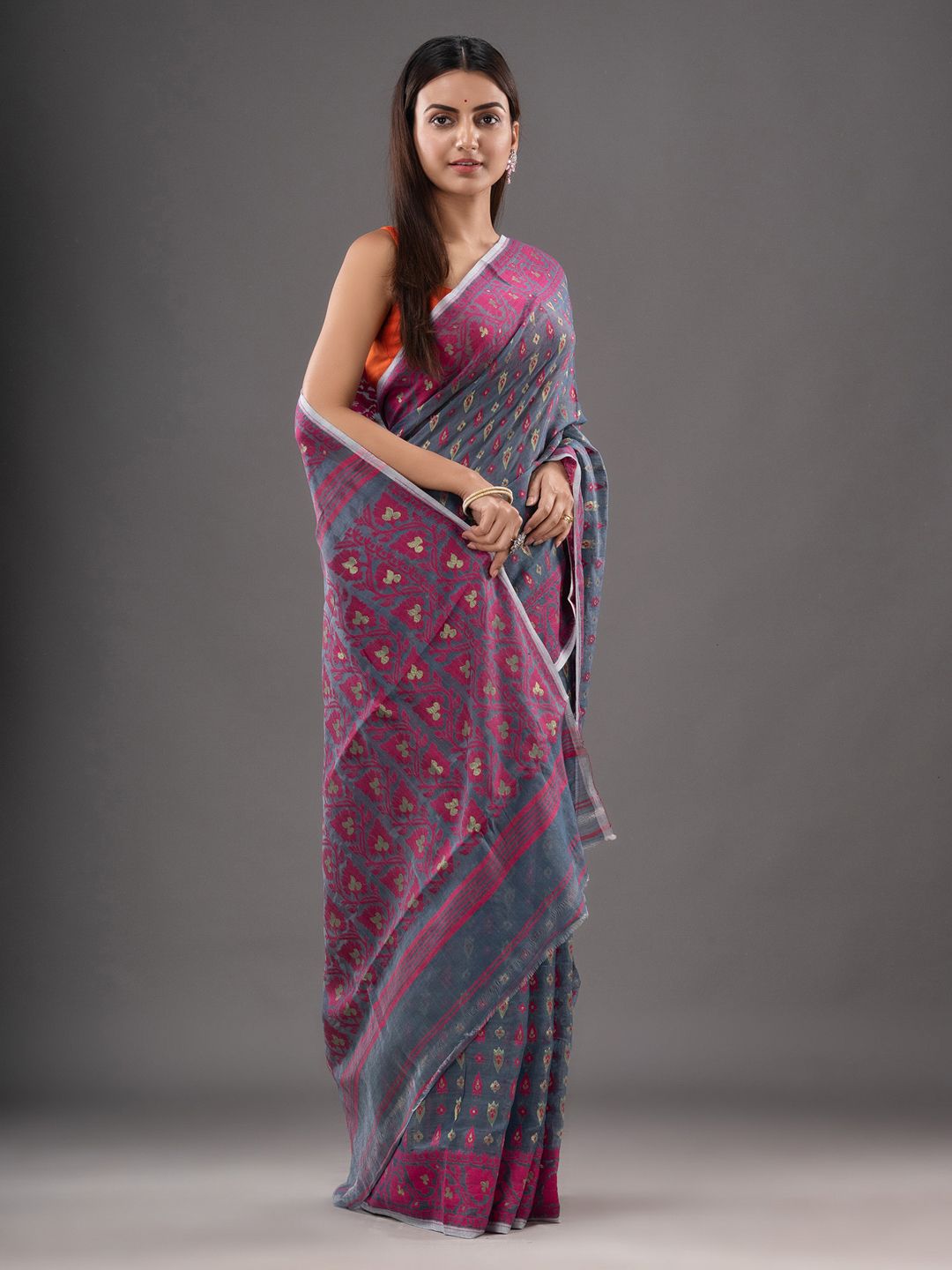 Silk Cotton  buti work  Jamdani Saree