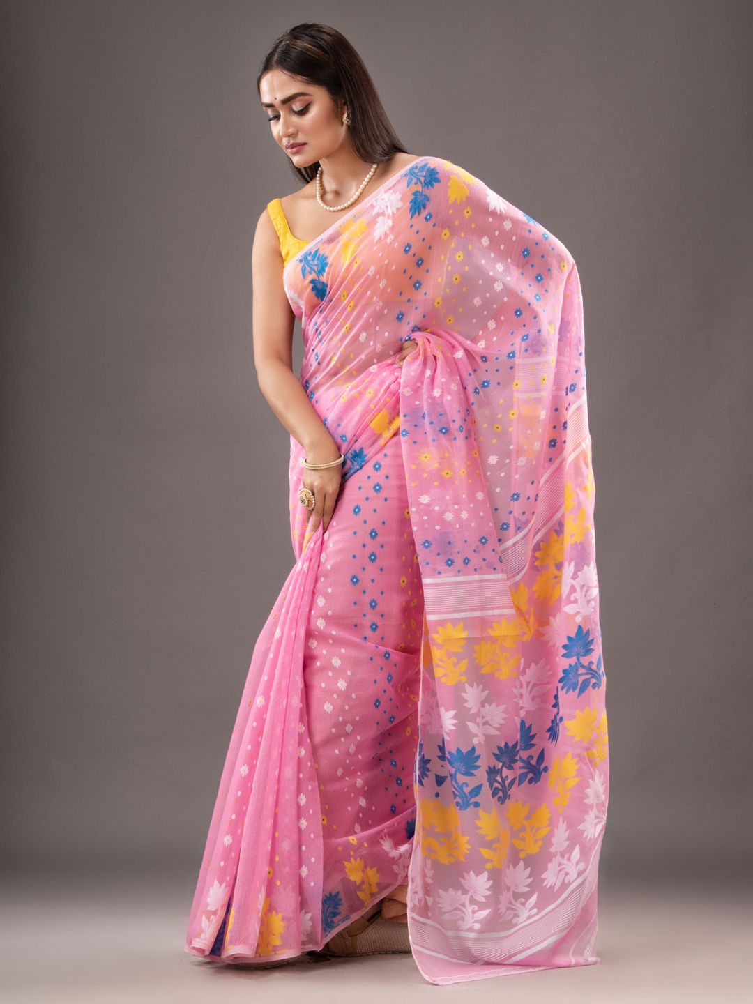 Silk Cotton  buti work  Jamdani Saree