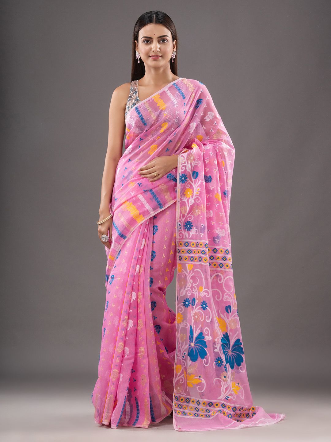 Silk Cotton  buti work  Jamdani Saree