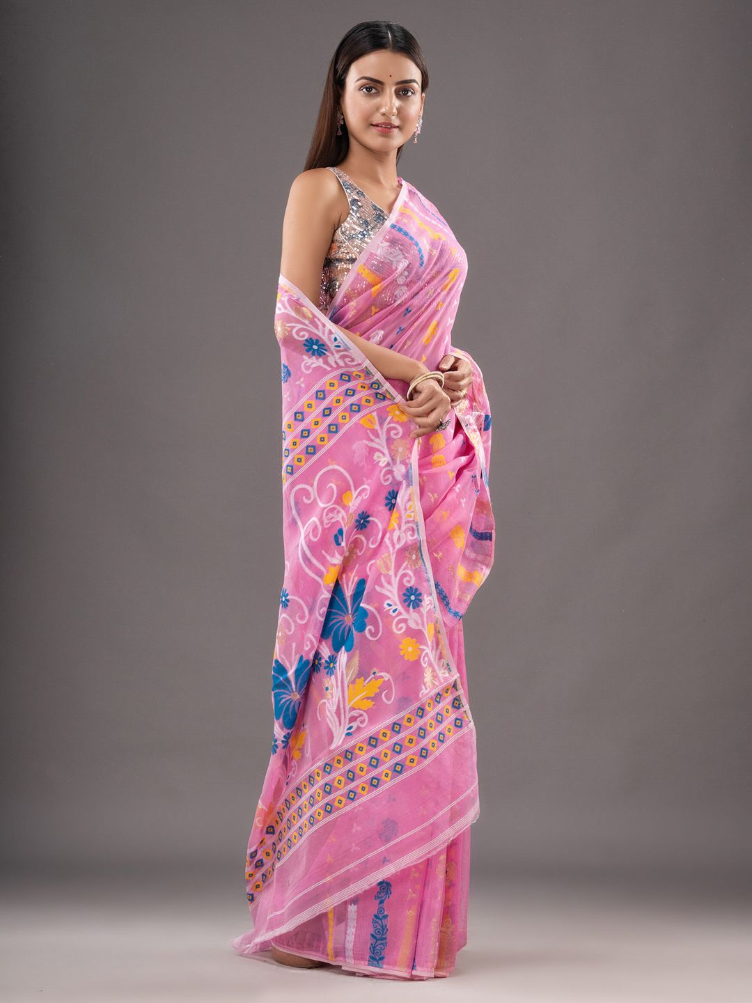 Silk Cotton  buti work  Jamdani Saree