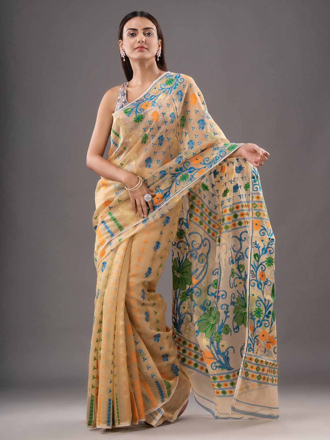 Silk Cotton  buti work  Jamdani Saree