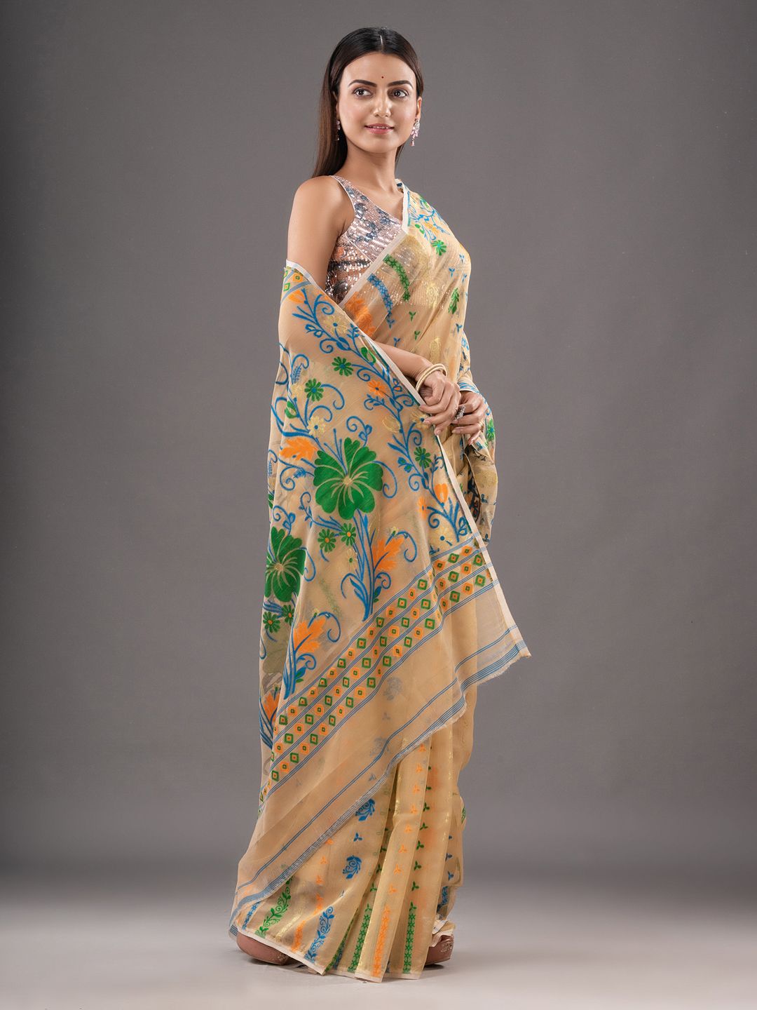 Silk Cotton  buti work  Jamdani Saree