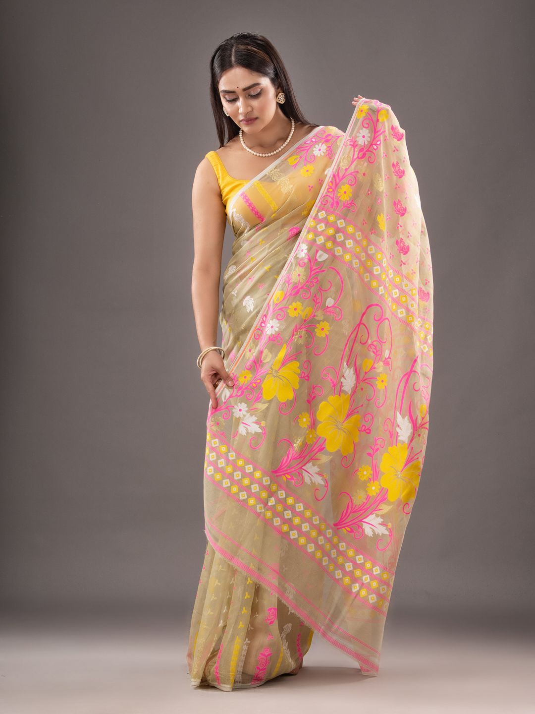 Silk Cotton  buti work  Jamdani Saree