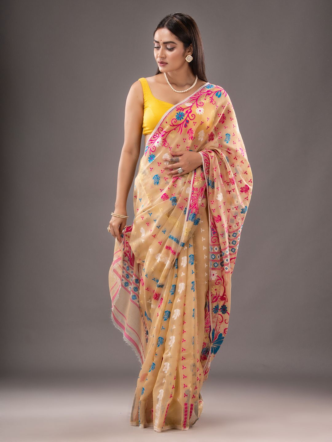 Silk Cotton  buti work  Jamdani Saree