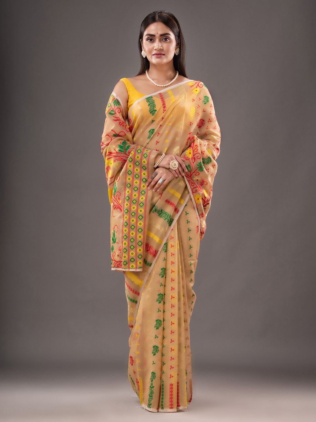 Silk Cotton Buti Work Jamdani Saree