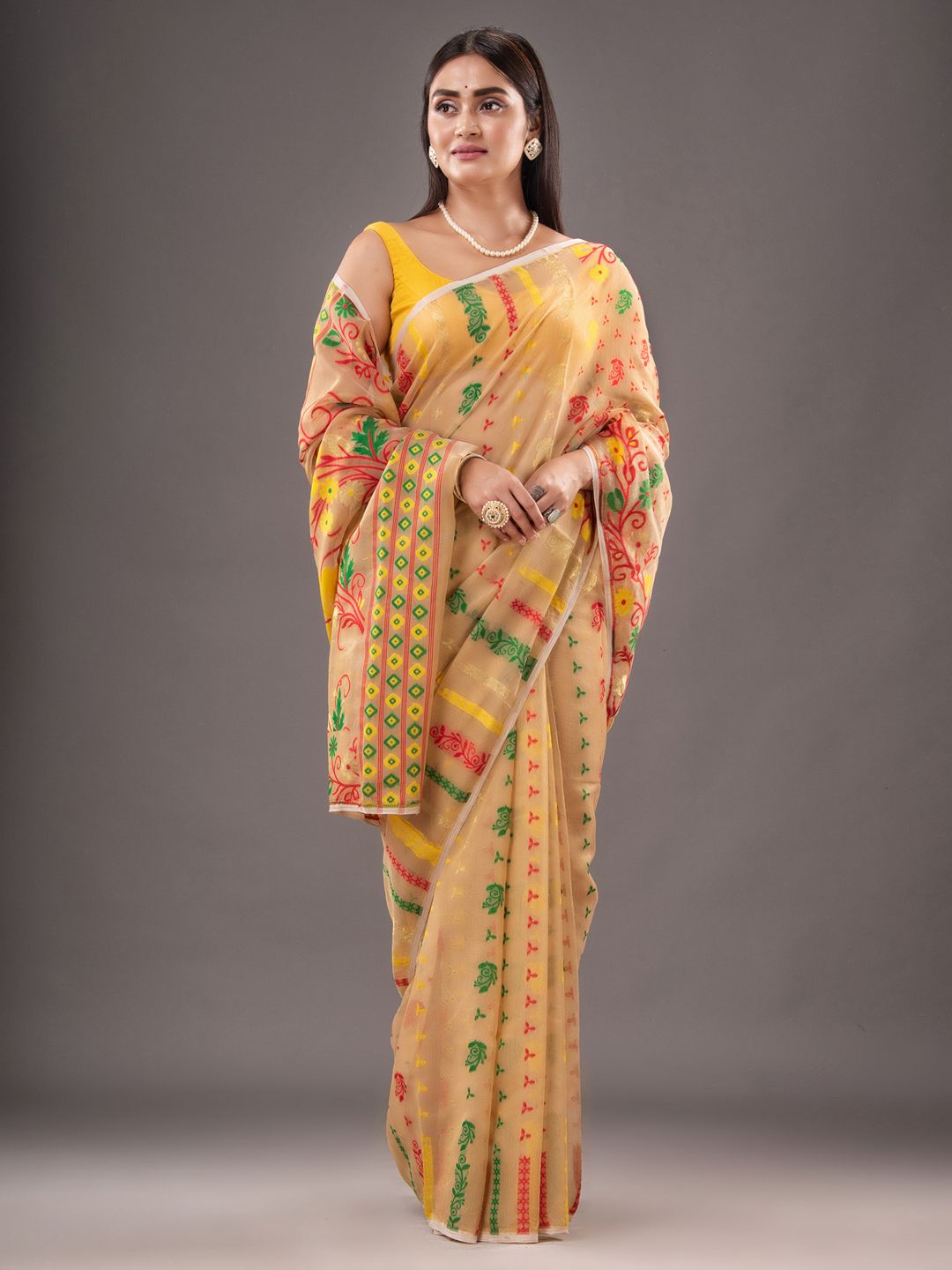 Silk Cotton Buti Work Jamdani Saree