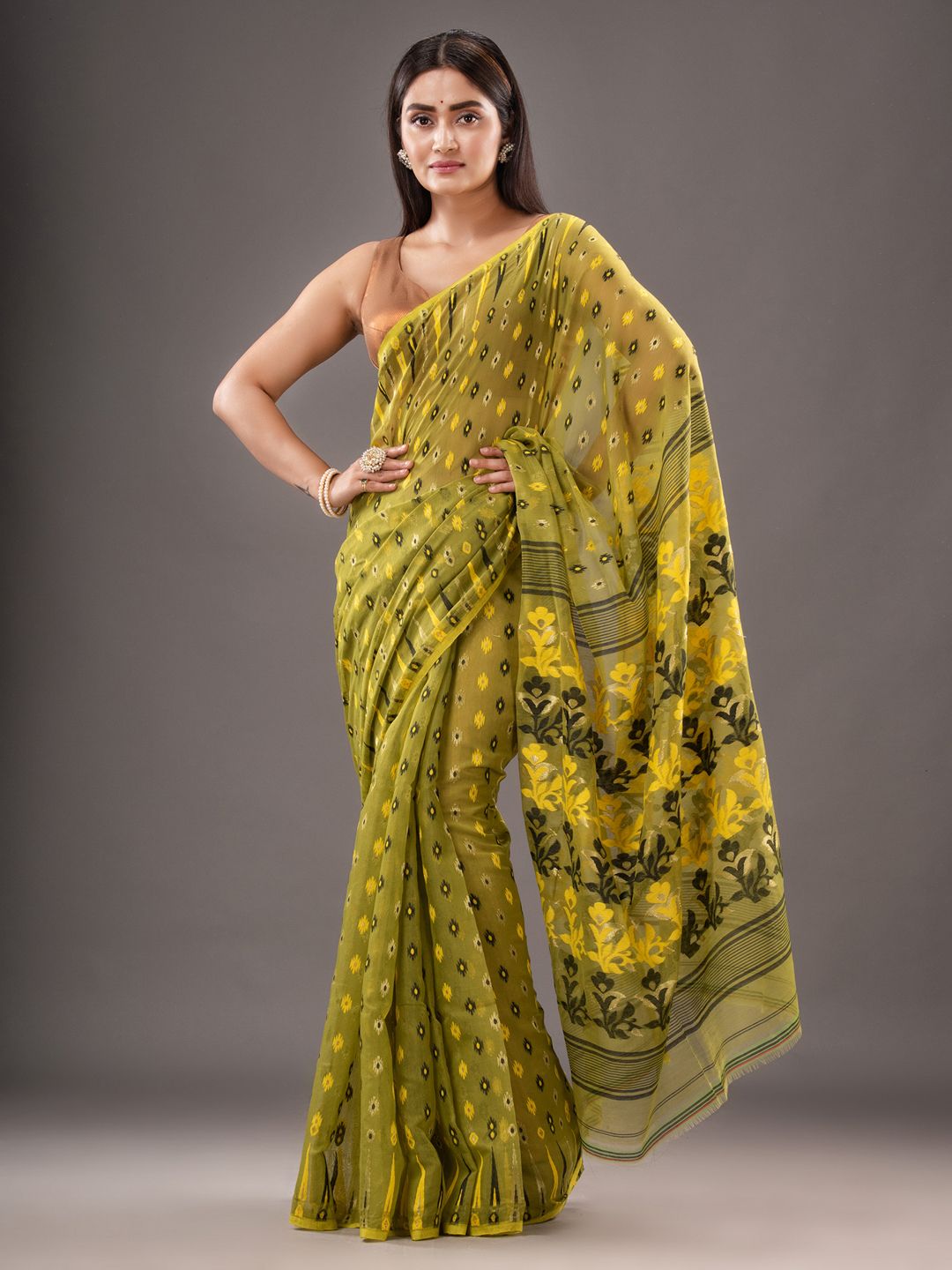 Silk Cotton  buti work  Jamdani Saree