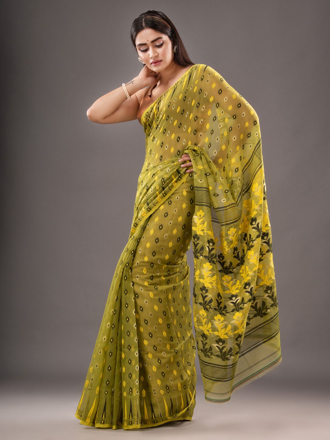 Silk Cotton  buti work  Jamdani Saree