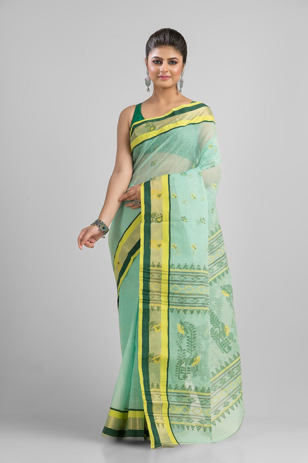 Sea Green Pure Cotton Dhakai Buti Handloom Saree