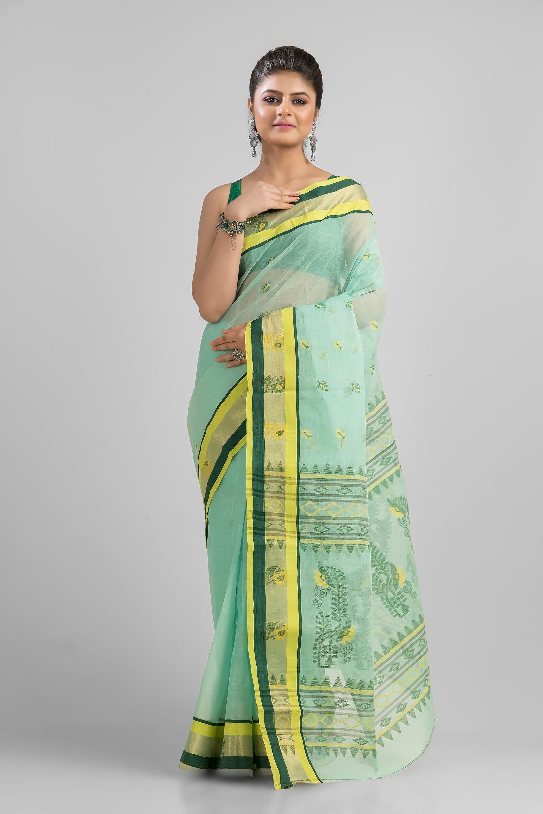 Sea Green Pure Cotton Dhakai Buti Handloom Saree