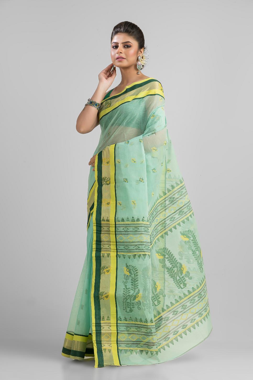 Sea Green Pure Cotton Dhakai Buti Handloom Saree