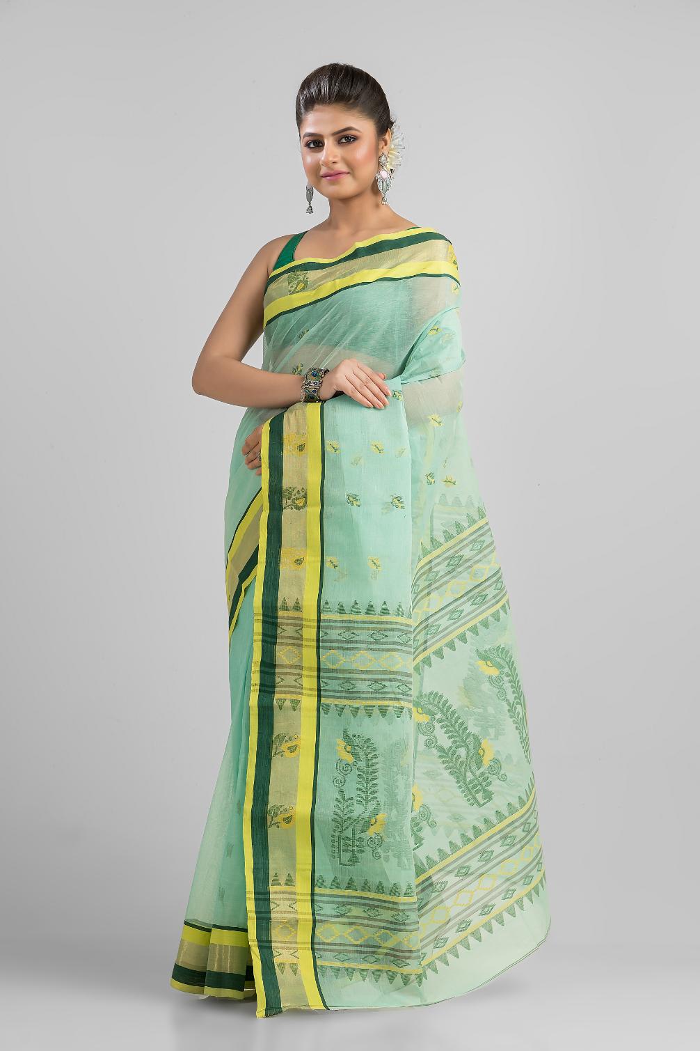 Sea Green Pure Cotton Dhakai Buti Handloom Saree